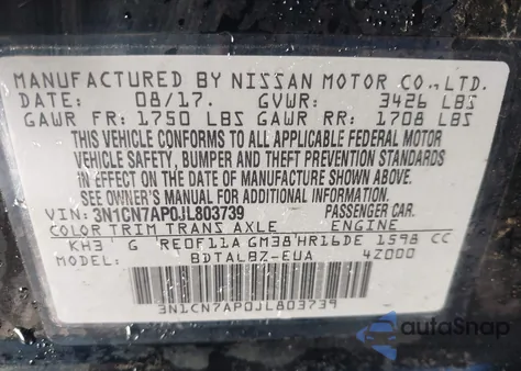 2018 Nissan Versa 1.6 Sv from USA, damaged, VIN 3N1CN7AP0JL803739